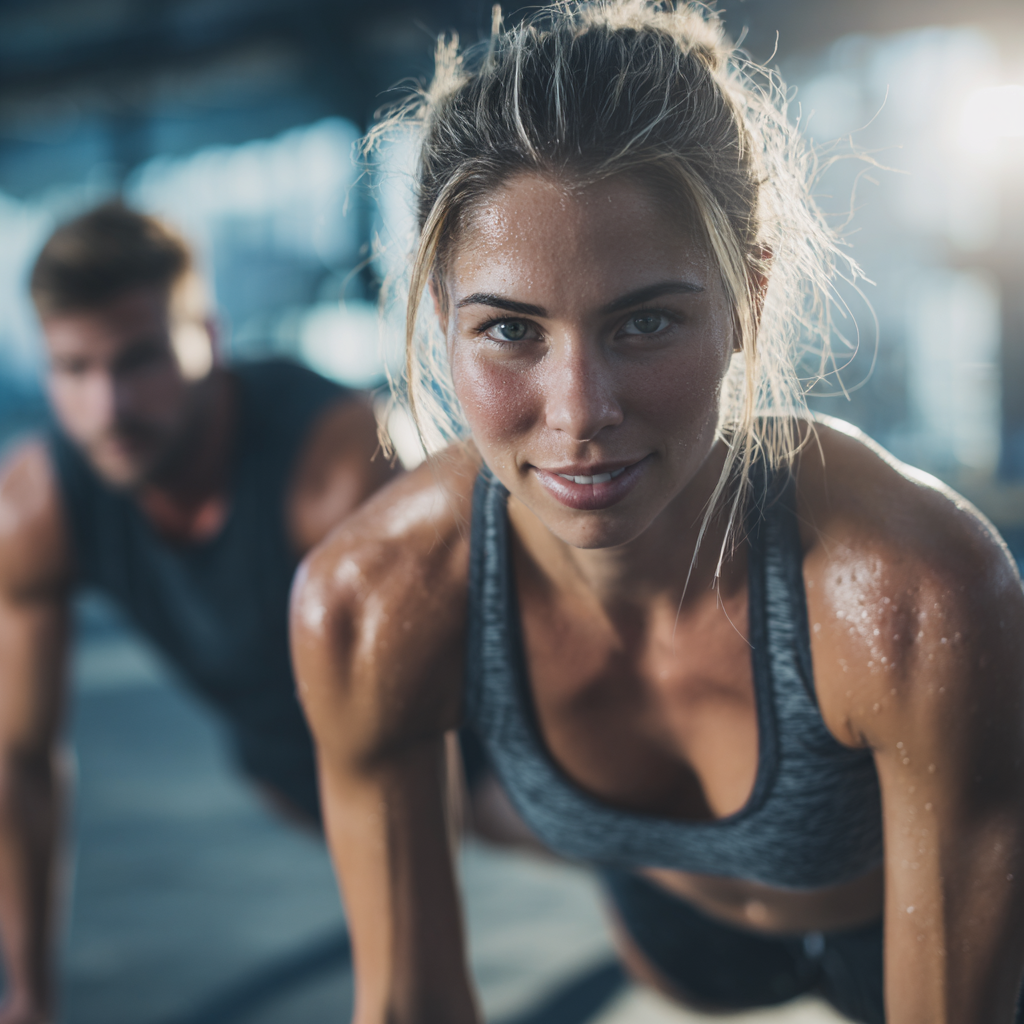 Smiling middle-aged Slovak woman performing gentle stretching exercise outdoors in natural setting