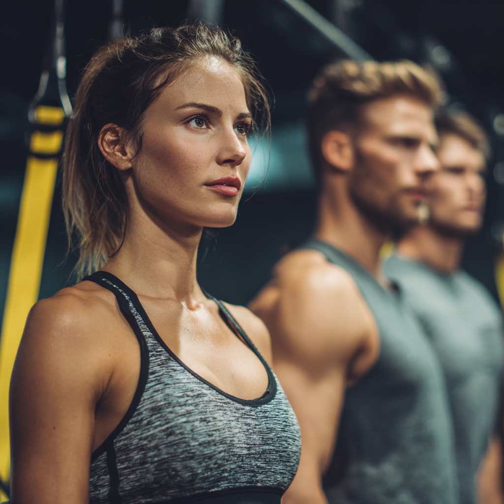 Group of Slovak adults of different ages exercising together in bright fitness studio, showing intergenerational wellness