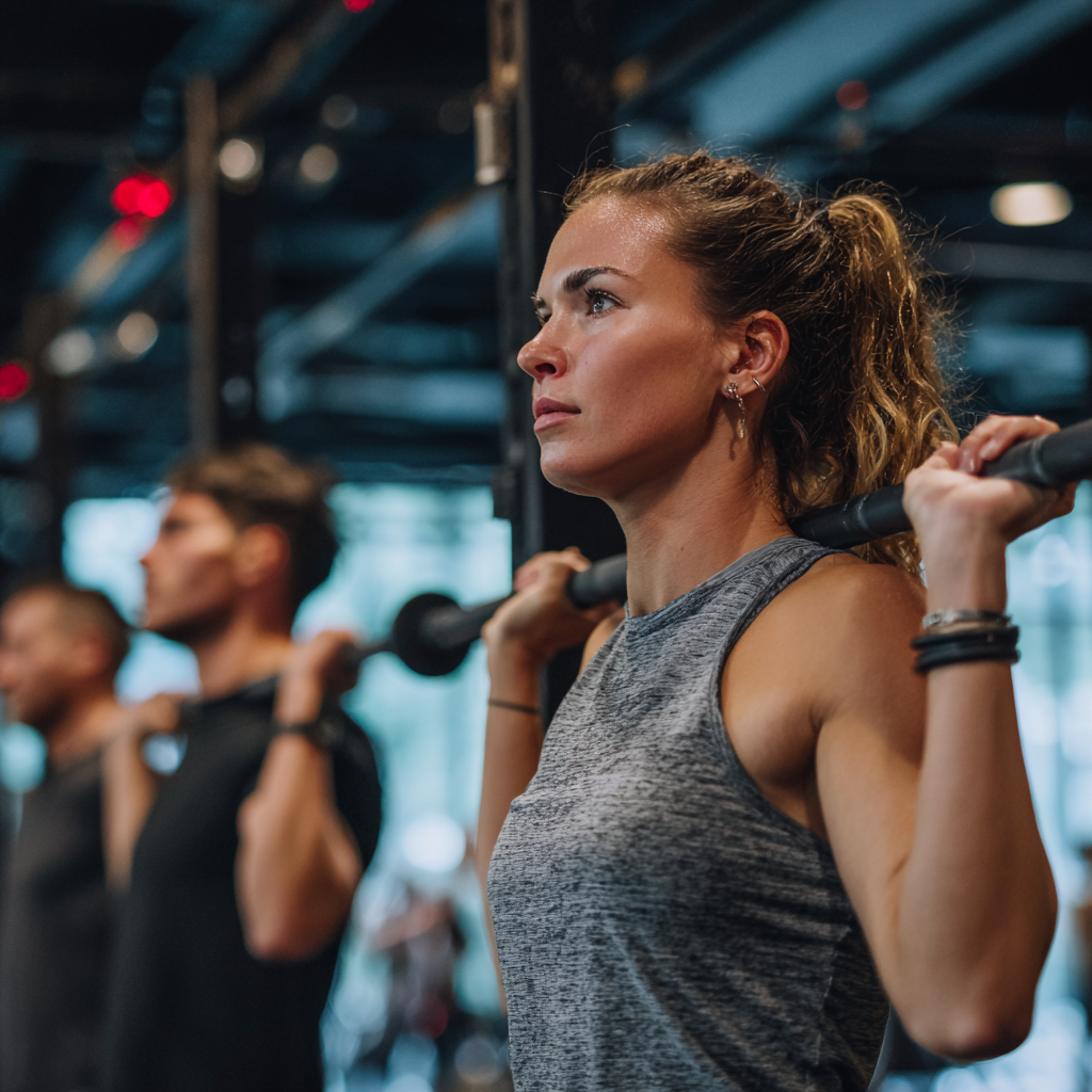 Professional Slovak fitness instructor demonstrating proper exercise form in modern wellness studio with natural lighting